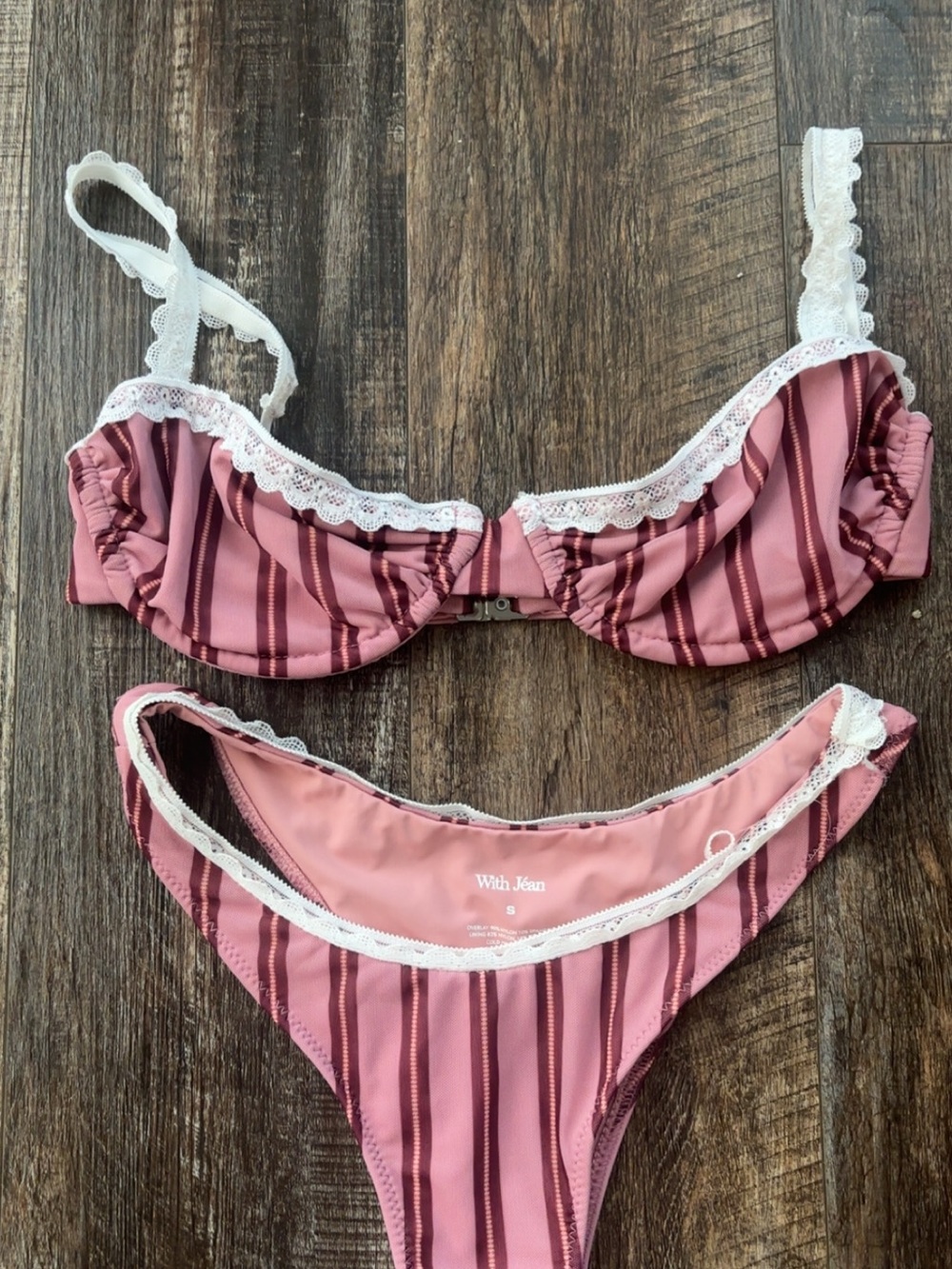With Jean Mauve Pink Striped Bikini with White Lace Trim